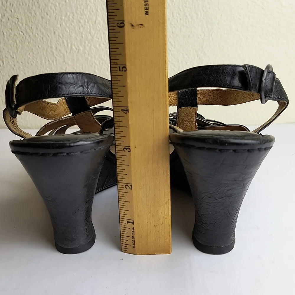 Born 9/40.5 Black and Brown Leather Wedge Sandals  Buckle Closure